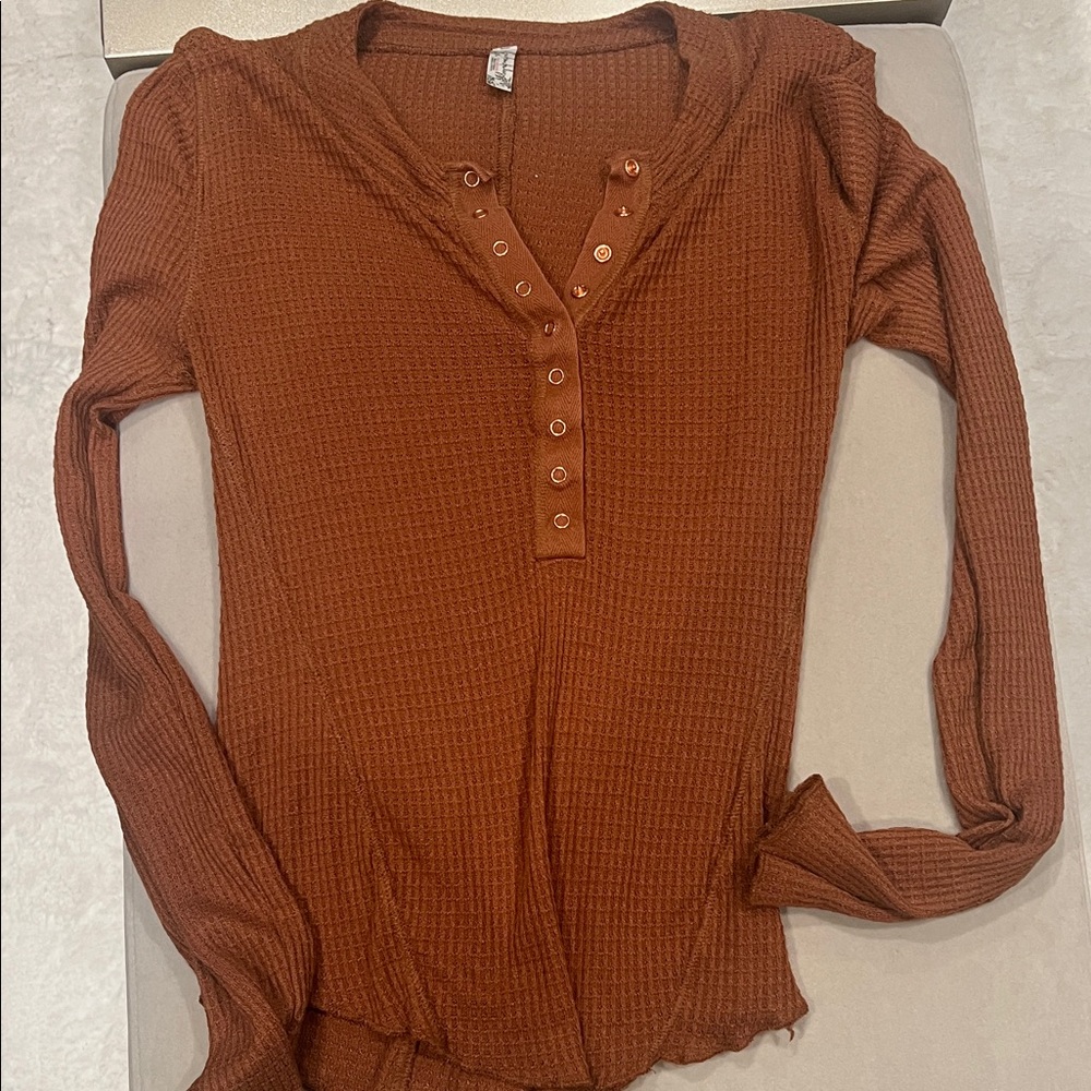 Free People Rust Waffle-Knit Henley Long Sleeve